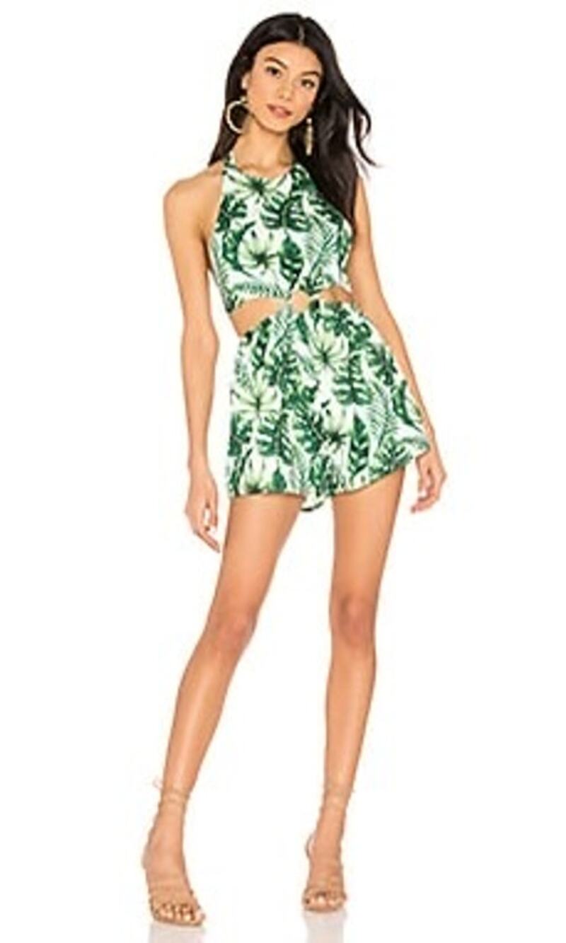 Super Down Eliana O-Ring Cut Out Tropical Leaf Print Halter Romper Size S